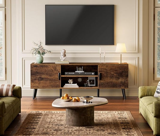 SUPERJARE TV Stand for 55 Inch TV, Entertainment Center with Adjustable Shelf, 2 Cabinets, TV Console Table, Media Console, Solid Wood Feet, Cord Holes, for Living Room, Bedroom, Rustic Brown