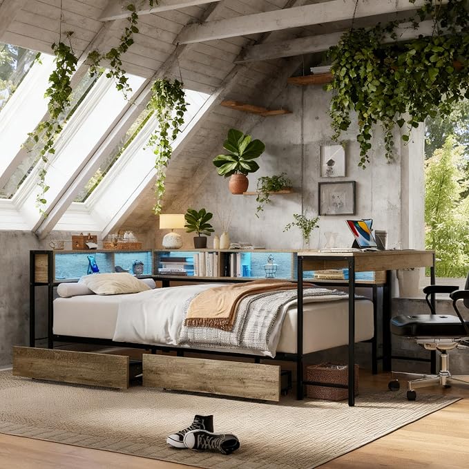 Bellemave Full Size Corner Bed Frame with Storage Drawers, Bookcase and Side Desk, Full Corner Bed with Light and Charging Station, Daybed for Bedroom, Living Room, Guest Room Gray