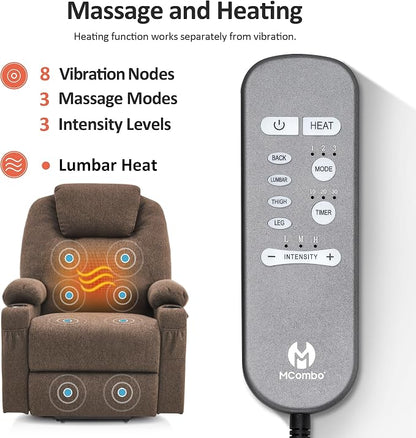 MCombo Power Lift Recliner Chair for Elderly, Lift Chair with Heat and Massage for Tall People, USB&Type C Ports, Extended Footrest, Cup Holders, Fabric 7516 (Large, Brown)