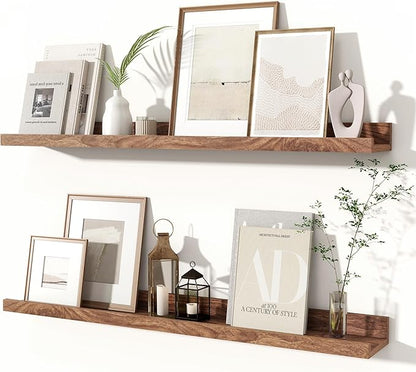 Fun Memories Picture Ledge Shelves Set of 2, 32 Inch Rustic Wall Mounted Floating Shelves with Lip for Home Storage and Décor in Bathroom, Kitchen, Nursery, Bedroom, Living Room, Walnut
