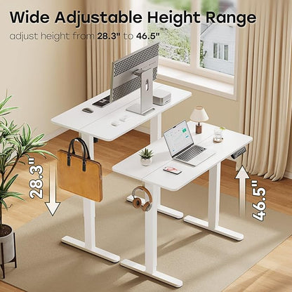 Small Electric Standing Desk, 40" ×20" White Standing Table, Height Adjustable Compact Sit Stand Desk with Splice Board, Home Office Table with 2 Hooks
