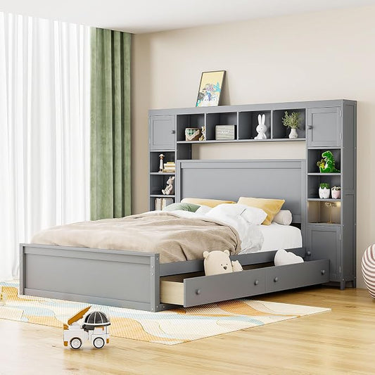 Merax Queen Size Wooden Bed with All-in-One Cabinet, Gray Platform Bed Frame with 4 Drawers, Shelf and Sockets