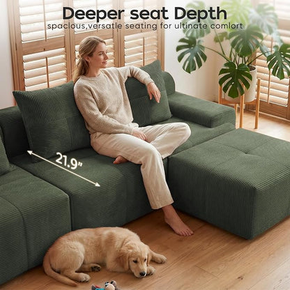 118" Sectional Boneless Oversize Modular Couches, Curved Cloud Sectional Sofa for Living Room, Corduroy U Shape Deep Seat Sofa with 2 Ottomans & 3 Throw Pillows, No Assembly Required,Green