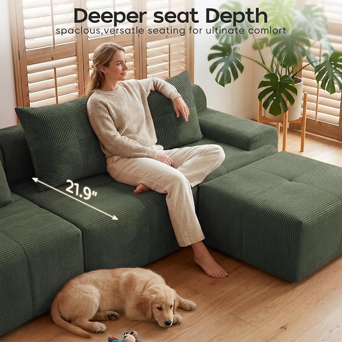 118" Sectional Boneless Oversize Modular Couches, Curved Cloud Sectional Sofa for Living Room, Corduroy L Shape Deep Seat Sofa with Ottoman & 3 Throw Pillows, No Assembly Required,Green