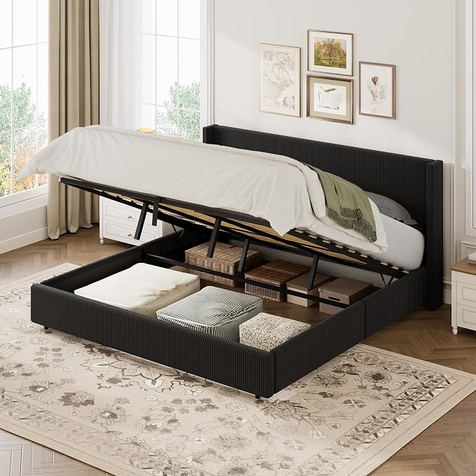 Garvee King Lift Up Storage Bed Frame, Corduroy Upholstered Platform Bed with Gas Lift, Padded Headboard, Wooden Slat Support, No Box Spring Needed, Easy Assembly, Black