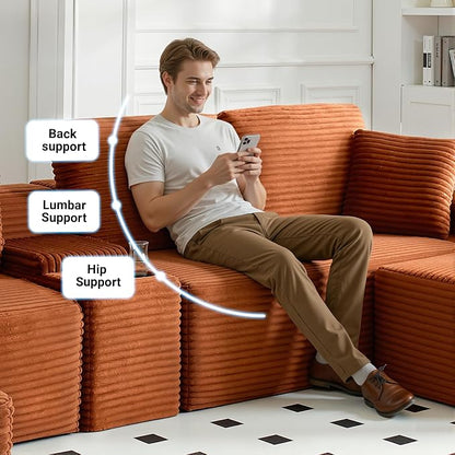 ivoros 111 Inch Modular Sectional Sofa Couch, Oversized Modern Cloud Couch for Living Room, L Shape Couches with Ottomans, USB Ports and Cup Holders, Orange Corduroy Boneless Sofas, Sofa in a Box