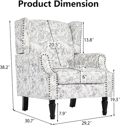 Pia Ricco High Back Floral Accent Chair - Retro Wingback Upholstered Armchair with Nailhead Trim, Solid Wood Legs, Fabric Living Room Bedroom Reading Chair (Rococo Light Gray)