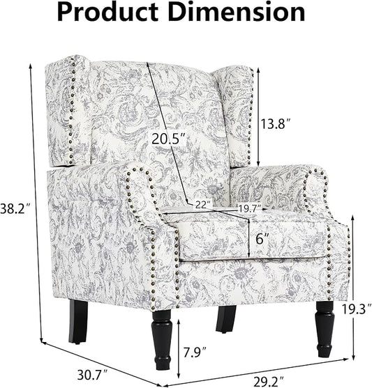 Pia Ricco High Back Floral Accent Chair - Retro Wingback Upholstered Armchair with Nailhead Trim, Solid Wood Legs, Fabric Living Room Bedroom Reading Chair (Rococo Light Gray)