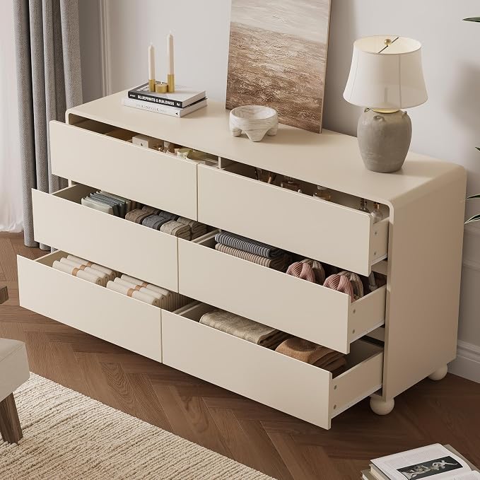 MAISONARIA Mid-Century 3-Piece Dresser Bedroom Set, 6 Drawer Dresser & 2 Drawer Nightstands with Curved Profile Design & Handle Free, Wood Chest of Drawers for Bedroom, Living Room, Hallway, Beige