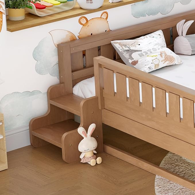Bellemave Queen Kids Montessori Bed with Stairs, Bookshelf and Trundle, Solid Wood Kids Bed Frame with Storage for Boys Girls, Low Profile,Natural