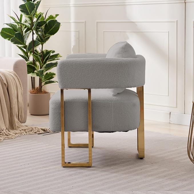 YISHENG Modern Barrel Accent Chairs Set of 2, Living Room Side Chairs with Golden Metal Legs Soft Teddy Upholstered Reading Armchairs no Wheels for Vanity/Reception Room//Bedroom/Lounge/Office, Grey