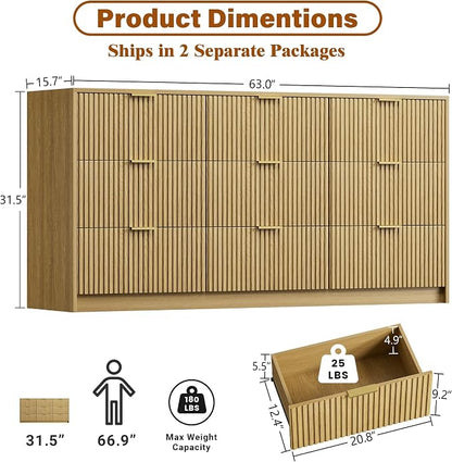 Furniway 3 Piece Bedroom Set, 9 Drawer Dresser and 3-Drawer Nightstand Set of 2 with Gold Handles, Mid-Century Modern Wood Chest of Drawers Storage Cabinet for Bedroom, Natural Oak