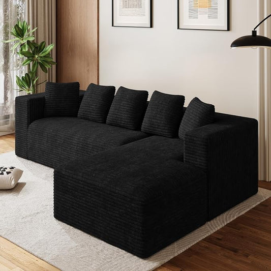 Oversized L Shaped Boneless Sectional Couches for Living Room, 107" Comfy Fluffy Cloud Modular Sectional Sofa, Plush Corduroy Memory Foam Floor Sofa with Right Facing Chaise Couch