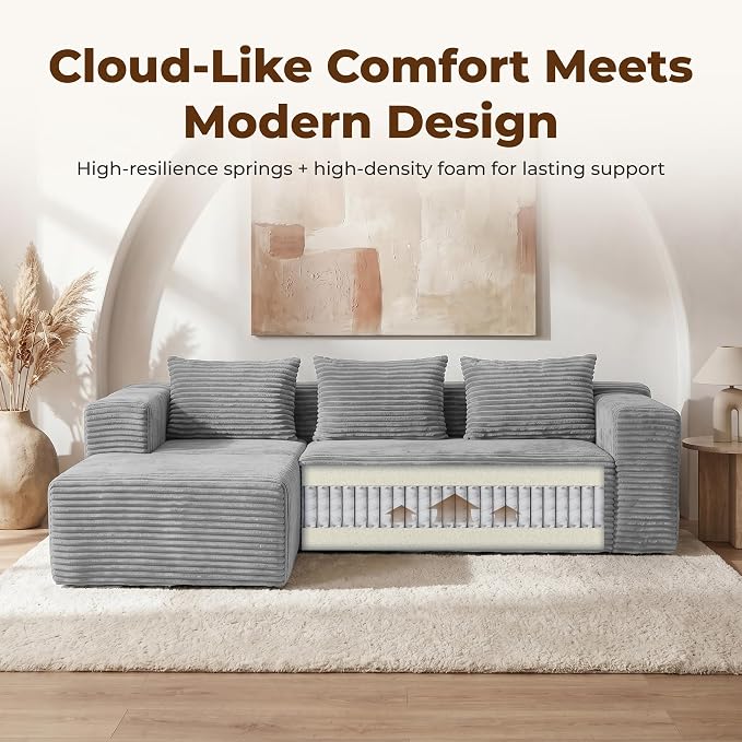 Modular Sectional L-Shaped Sofa with Deep Seat, Modern Boneless Comfy Corduroy Fluffy Couch with Side Pockets and Anti-Slip & Floor-Friendly Bottom for Living Room, No Assembly, Light Grey