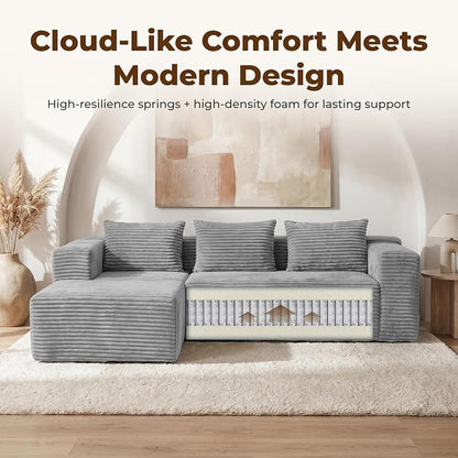 Modular Sectional L-Shaped Sofa with Deep Seat, Modern Boneless Comfy Corduroy Fluffy Couch with Side Pockets and Anti-Slip & Floor-Friendly Bottom for Living Room, No Assembly, Light Grey