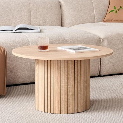 Round Nesting Coffee Tables for Living Room, Set of 2, Natural | φ27.6 + φ15.8 Boho Small Circle Side Tables, Fluted Drum Design Easy Assembly Minimalist Modern End Table Wood Grain Finish