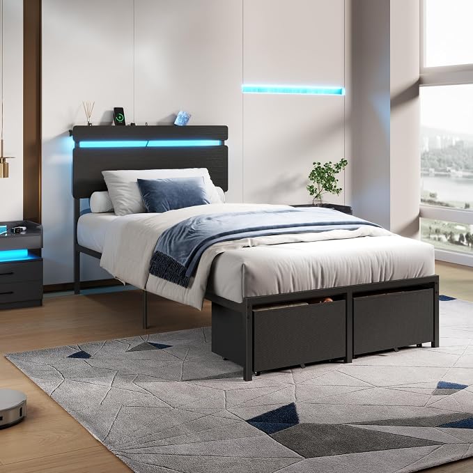 Forestell Twin Bed Frames with Wood Headboard, Black Platform Bed with 2 Storage Drawers & Shelf, Built in Charging Station & LED Lights, Metal Support, No Box Spring Needed, Camas Twin Size