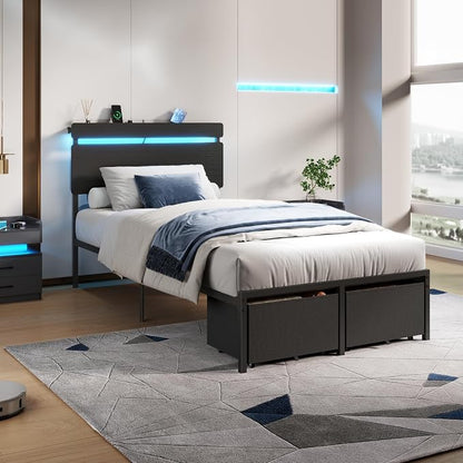 Forestell Twin Bed Frames with Wood Headboard, Black Platform Bed with 2 Storage Drawers & Shelf, Built in Charging Station & LED Lights, Metal Support, No Box Spring Needed, Camas Twin Size