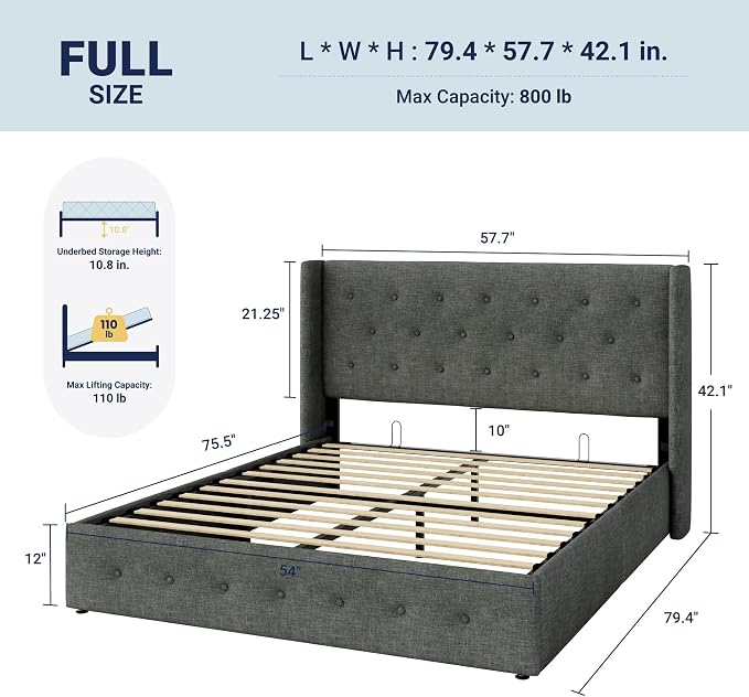 Allewie Full Size Lift Up Storage Bed, Button Tufted Headboard with Wingback, Hydraulic Support, No Box Spring Needed, Dark Grey