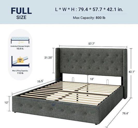 Allewie Full Size Lift Up Storage Bed, Button Tufted Headboard with Wingback, Hydraulic Support, No Box Spring Needed, Dark Grey