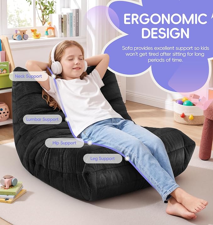 Hobestluk Small Bean Bag Chair Faux Fur Fabric BeanBag Couch for Playroom | Black Plush,Ergonomic Design,Memory Foam,Strong Supportive,No Assembly Required,Decorative Style for Living Room Bedroom