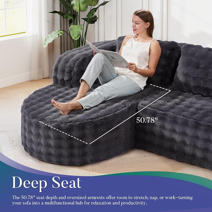 Hobestluk Modular Sectional Sofa Couches L-Shape Couch 3 Seat Modular Sofa Memory Foam Sectional Couches for Living Room, Cloud Couch (Round Ash Grey, 96", Left Hand Facing)