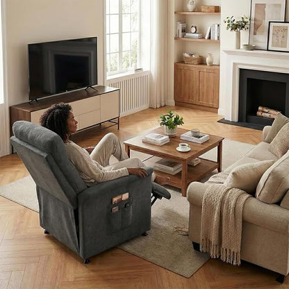 Power Recliner Chair for Adults with Heat & Massage - Soft Fabric Electric Reclining Sofa with Remote Control, 3 Side Pockets, 180° Lay Sleeper for Home Theater Living Room, Dark Grey