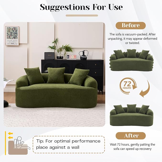 65" Curved Loveseat for Small Spaces,Boneless Loveseat Sofa,Wood Grain Chenille Fabric, No Installation Requirement, Curved Sofa Couch for Apartment,Living Room,Office (Green, 65")