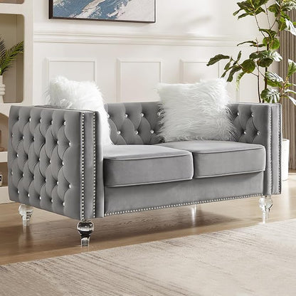 60" Chesterfield Sofa, Velvet Mid-Century Modern Upholstered Loveseat Sofa with 2 Throw Pillows and Acrylic Legs, Nailhead Button Tufted Vintage Couch for Living Room, Apartment, Grey