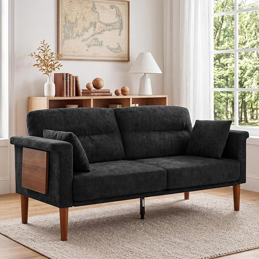 Vipbear 69" Loveseat Sofa,Modern Couches for Small Spaces,Black Chenille Love Seat Couch for Living Room,Bedroom,Apartment,Office,Deep Seat,Armrest Tabletop,Throw Pillow
