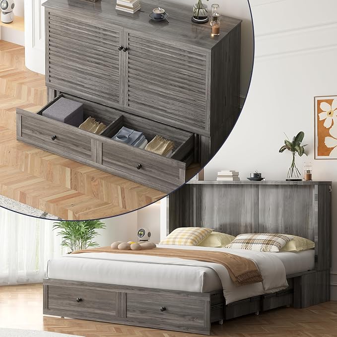 ijuicy Queen Cube Murphy Bed, Charge & Storage, No Mattress，Grey | Space-saving hideaway foldable design, practical temporary sleeping bed for guest room & small space use