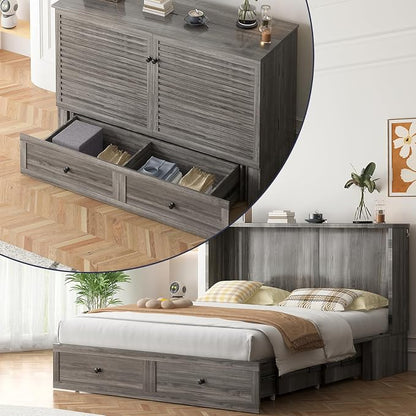 ijuicy Queen Cube Murphy Bed, Charge & Storage, No Mattress，Grey | Space-saving hideaway foldable design, practical temporary sleeping bed for guest room & small space use