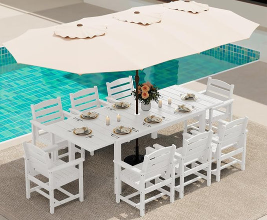 SERWALL 10-Piece Patio Dining Sets with 15FT Patio Umbrella, White | 60" - 83" Expandable Outdoor Dining Table and 8 HDPE Chairs, All Weather HDPE Outdoor Furniture Set