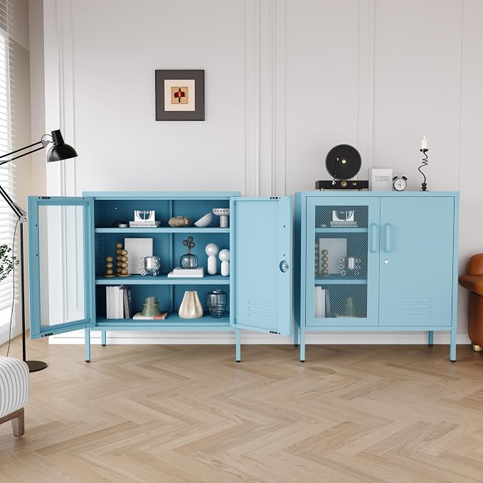 Recessed Double Adjustable Shoe Cabinet with Lock Steel Storage Cabinet for Foyer Living Room Bathroom Kitchen Blue Size：33" H x 29.5" W x 13.8" D