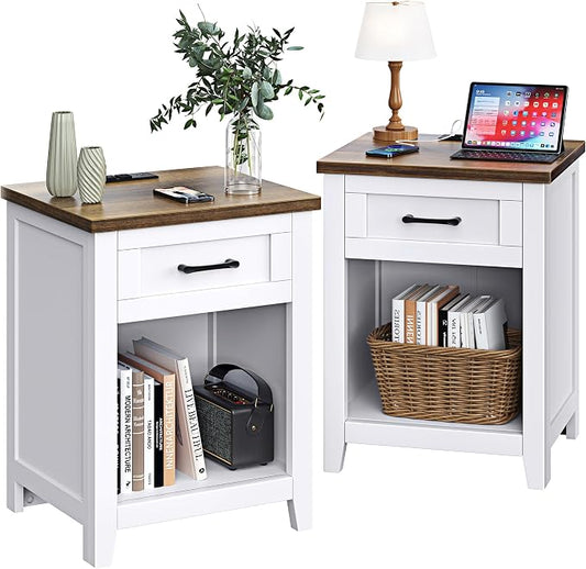Decofy Farmhouse Nightstand with Charging Station & Large Storage, Set of 2 Modern End Tables with Outlets, USB Ports and Type-C Ports, Easy Assembly for Bedroom (Pure White + Walnut)