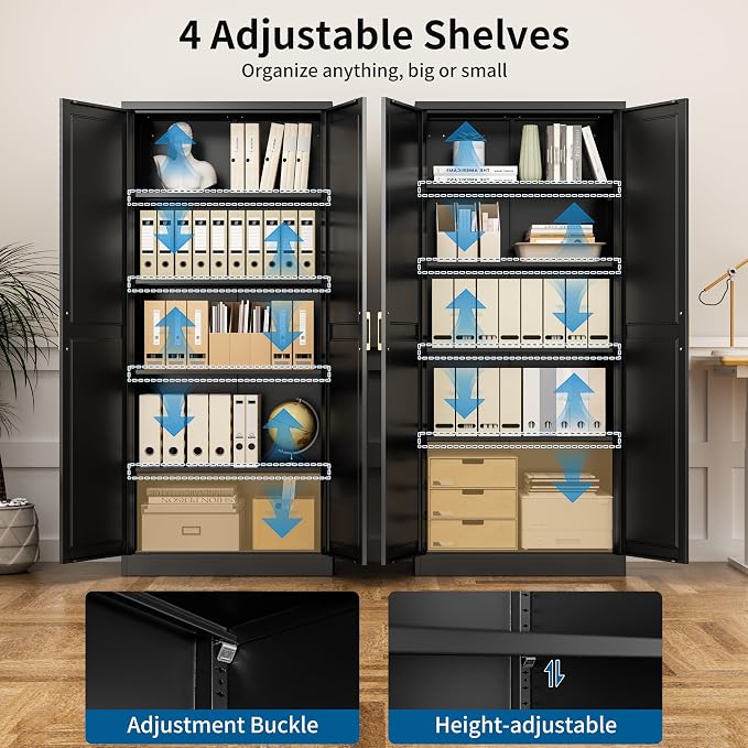 71" Metal Storage Cabinet with 4 Adjustable Shelves, Black Tall Pantry Cabinet with Doors, 180 lbs Load Per Shelf, Heavy Duty Steel Organizer for Garage, Kitchen & Home
