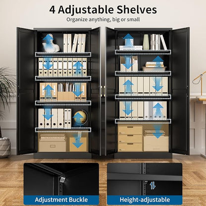 71" Metal Storage Cabinet with 4 Adjustable Shelves, Black Tall Pantry Cabinet with Doors, 180 lbs Load Per Shelf, Heavy Duty Steel Organizer for Garage, Kitchen & Home