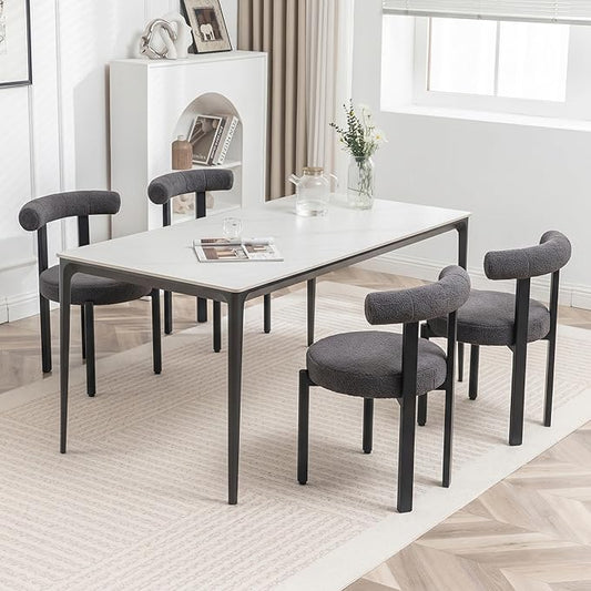 Boucle Dining Chairs Set of 4 Kitchen & Dining Room Chairs(Gray) | Mid Century Modern Upholstered Dining Chairs with Curved Backrest and Black Metal Legs