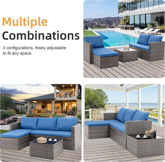 Shintenchi 4 Pieces Patio Furniture Set, 2-in-1 Convertible Sectional Sofa & Chaise Lounge, All-Weather Wicker Rattan Sofa Couch with Cushions & Coffee Table for Yard, Garden, Porch, Poolside