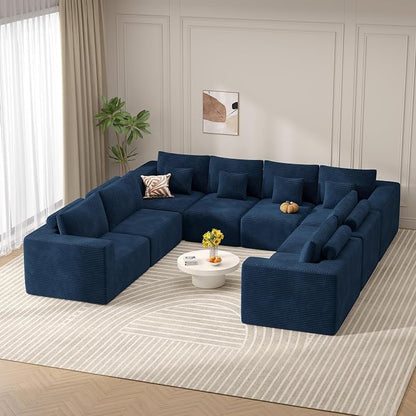 Modern U Shaped Modular Sectional Sofa, Convertible Oversized Cloud Couches for Living Room, Comfy 8 Seater Corduroy Boneless Couch Sofa Set, No Assembly Required, Beige 1 PCS