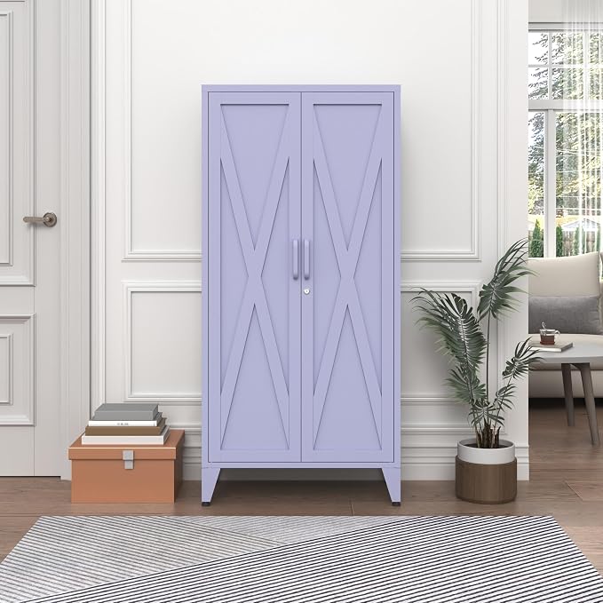 X-Shaped Door Kitchen Pantry Cabinets with Lockable and Adjustable partitions Metal Storage Cabinet 61" H Metal Pantry Cabinetfor Cupboard/Dining Room/Bathroom/Living Room/Office/Laundry Room