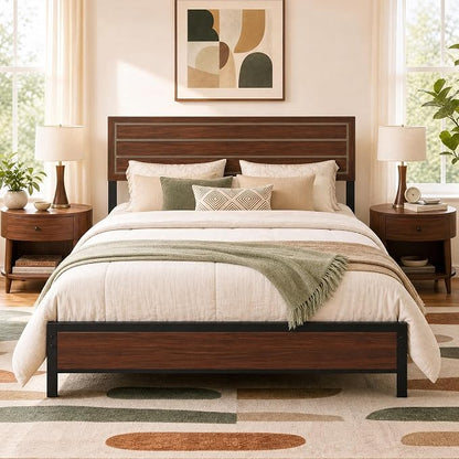 LIKIMIO Queen Bed Frame with Headboard, Mid-Century Modern Queen Platform Bed, Heavy Duty Silent Metal Slats, No Box Spring Needed, Noise-Free, Dark Walnut
