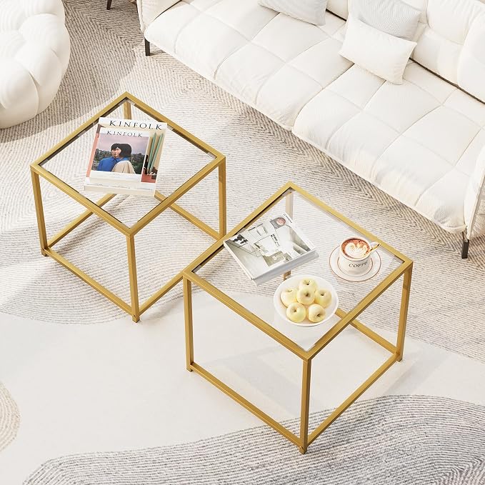 Garden 4 you Coffee Table Set of 2, Modern Glass Nesting Table, Metal Frame Square Center Table Set, Side Tables, Nesting Coffee Table for Living Room, Bedroom and Small Spaces, 19.7in Gold
