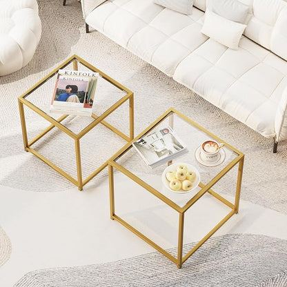Garden 4 you Coffee Table Set of 2, Modern Glass Nesting Table, Metal Frame Square Center Table Set, Side Tables, Nesting Coffee Table for Living Room, Bedroom and Small Spaces, 19.7in Gold