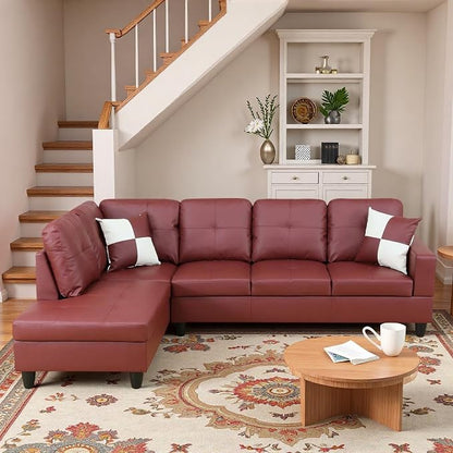 L-Shaped Sectional Sofa, Modern 4-Seat Couch with Left Facing Chaise, Leather Sectional Couch for Living Room, Apartment, Office, Dark Red