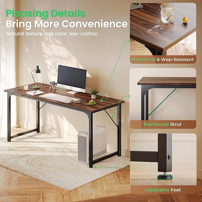 Huuger Computer Desk, 54 Inch Office Desk, Gaming Desk with Storage, Writing Desk Work Desk for Home Office, Study, Modern Simple Desk, Large Legroom, Metal Frame, Walnut