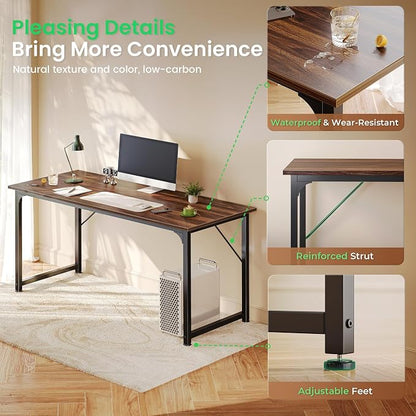 Huuger Computer Desk, 54 Inch Office Desk, Gaming Desk with Storage, Writing Desk Work Desk for Home Office, Study, Modern Simple Desk, Large Legroom, Metal Frame, Walnut