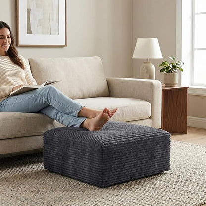 Oversized Boneless Ottoman for Living Room – Plush Square Corduroy Upholstered Couch Ottoman, Modern Low-Profile Footrest for Sectional & Modular Sofa-Black