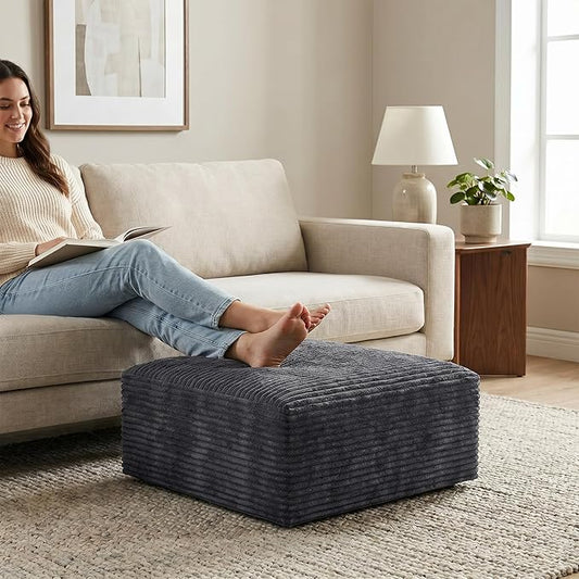 Oversized Boneless Ottoman for Living Room – Plush Square Corduroy Upholstered Couch Ottoman, Modern Low-Profile Footrest for Sectional & Modular Sofa-Black