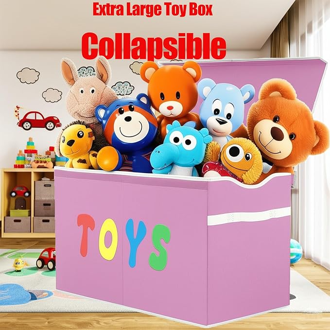 YOLOXO Toy Box Chest, Collapsible Sturdy Storage Bins with Lids, Extra Large Kids Toy Storage Organizer Boxes Bins Baskets for Kids, Boys, Girls, Nursery Room, Playroom, Closet (Classical Pink)